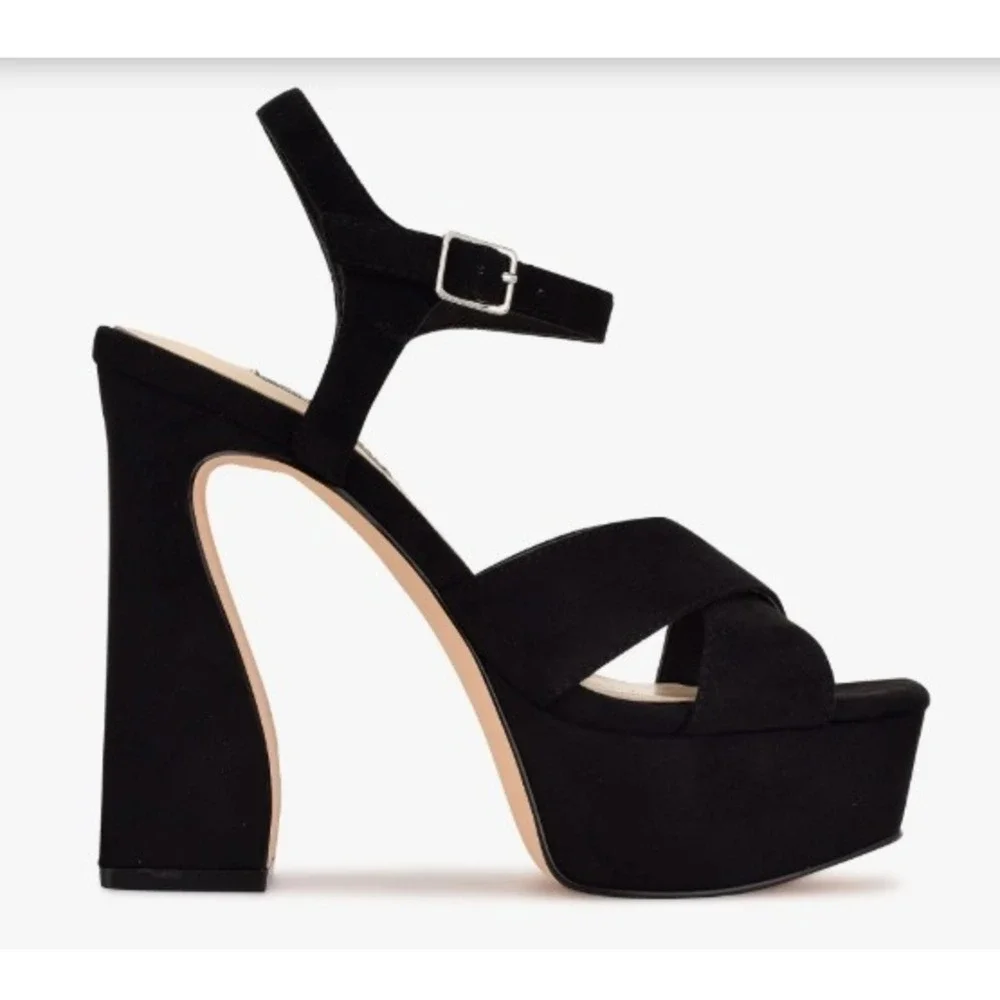 Nine West Black‎ Faux Suede Platform  Chunky Block Heels Sandals 10 NEW